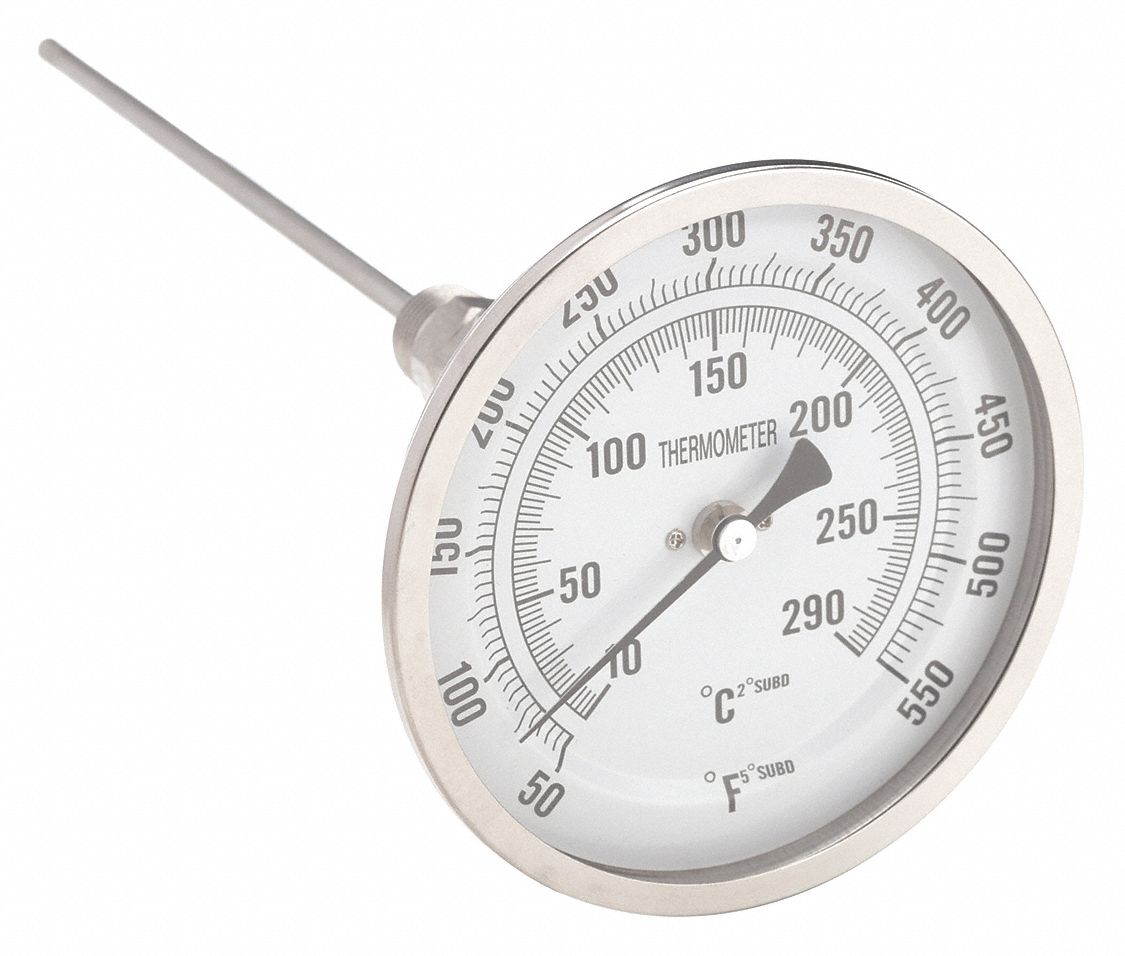 DIAL THERMOMETER, 9 IN STEM L, 5 IN DIAL DIAMETER, 550 &deg; F MAXIMUM TEMPERATURE, 50 &deg; F/10 &deg; C MINIMUM TEMPERATURE, BIMETAL