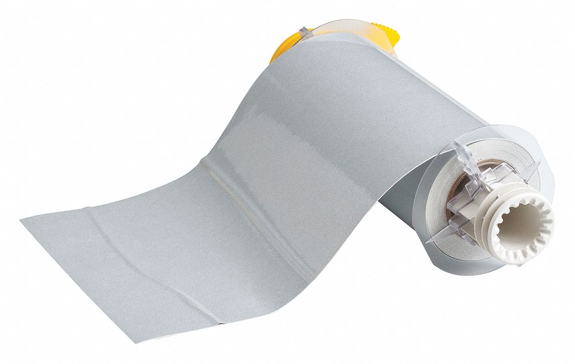 Continuous Label Stock: 7 in x 33 ft, Polyester, Silver (Gloss), Indoor/Outdoor