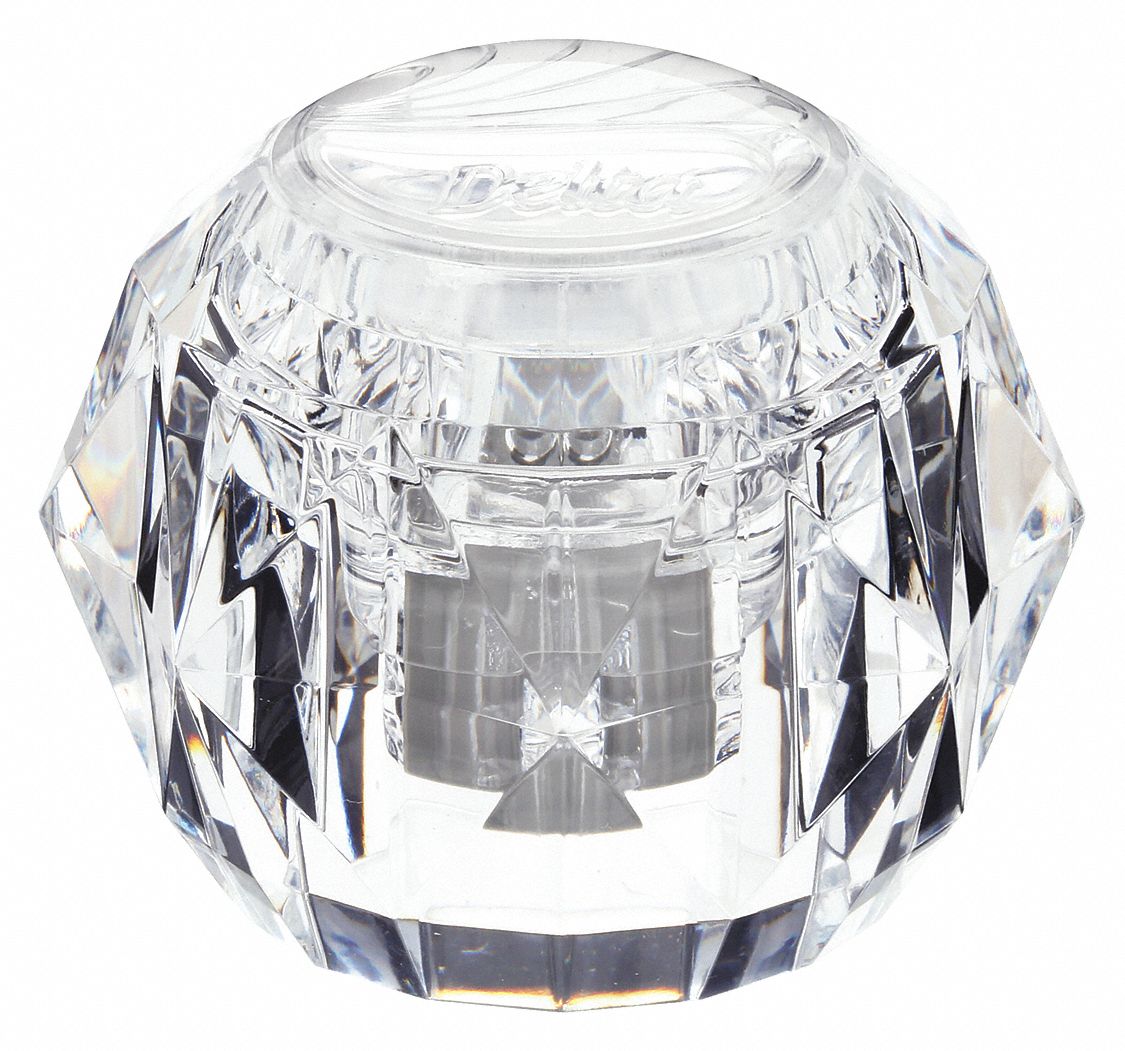 Handle: Delta, Knob Handle, Use with Hot/Cold Water Temp, Plastic, Clear Finish, Button/Set Screw