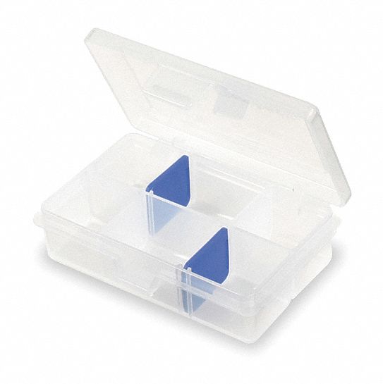ADJUSTABLE COMPARTMENT BOX, 3⅜ IN X 4⅝ IN X 1¼ IN, CLEAR, 6 COMPARTMENTS, LATCH
