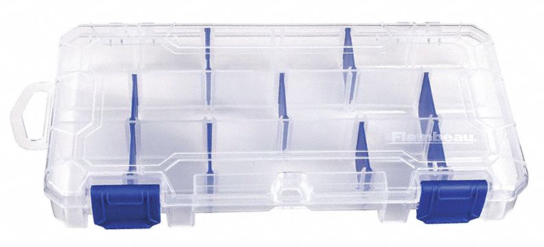 ADJUSTABLE COMPARTMENT BOX, 9⅛ IN X 5 IN X 1½ IN, CLEAR, 9 COMPARTMENTS, LATCH