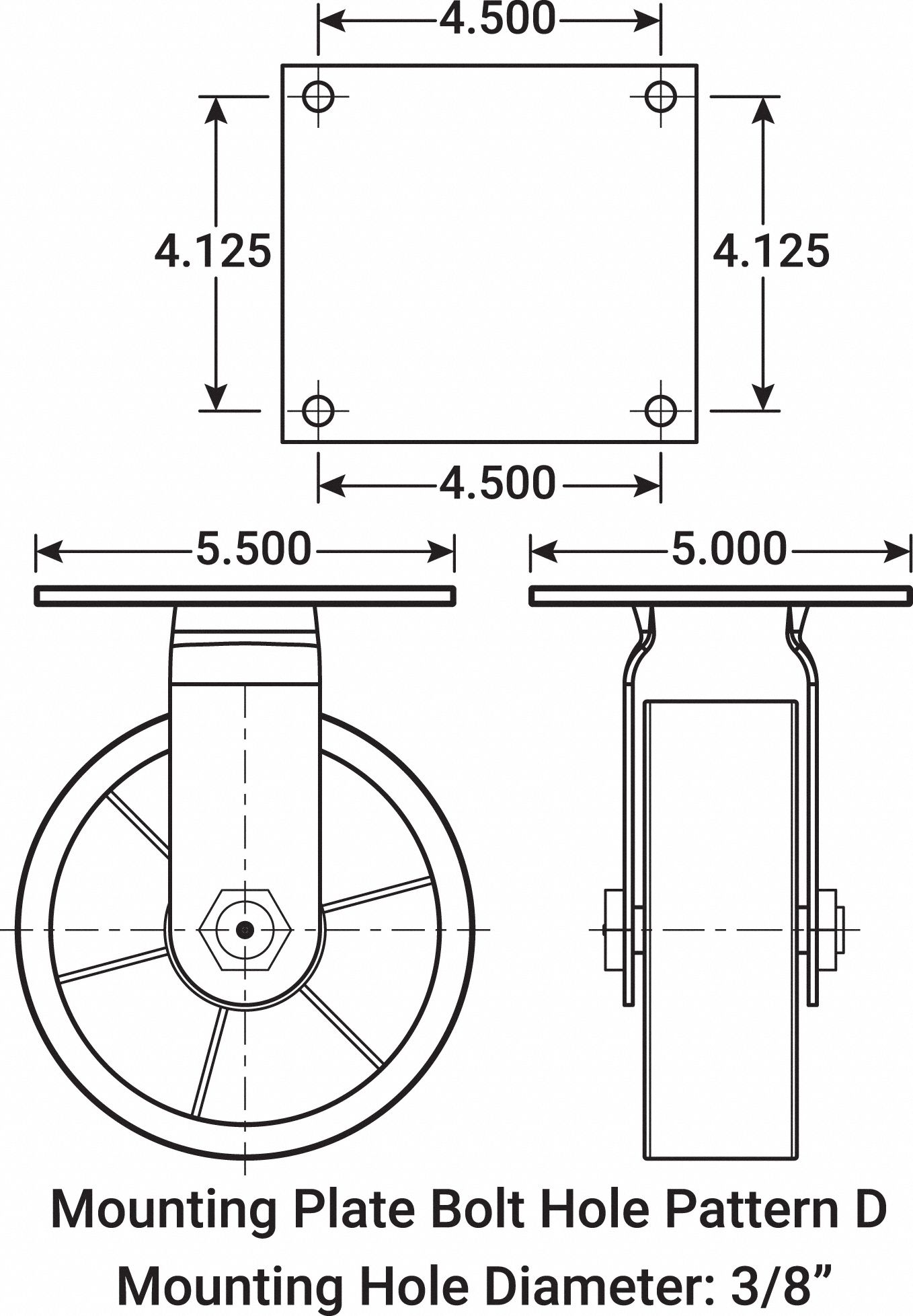 GRAINGER APPROVED Standard Plate Caster, Rigid, Polyolefin, 900 lb, 8