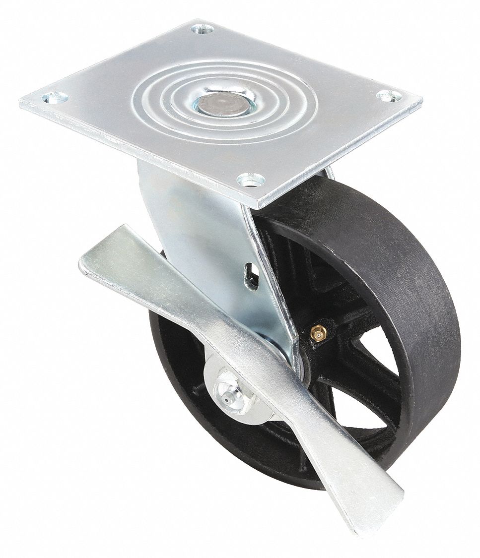Plate Caster: Swivel, Side Brake, Iron, 6 in Wheel Dia, 2 in Wheel Wd, Hole, Roller