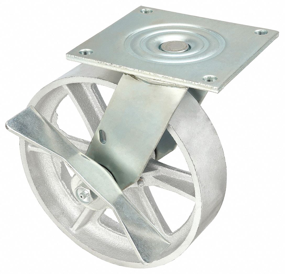 Plate Caster: Swivel, Side Brake, Iron, 8 in Wheel Dia, 2 in Wheel Wd, Hole, Roller