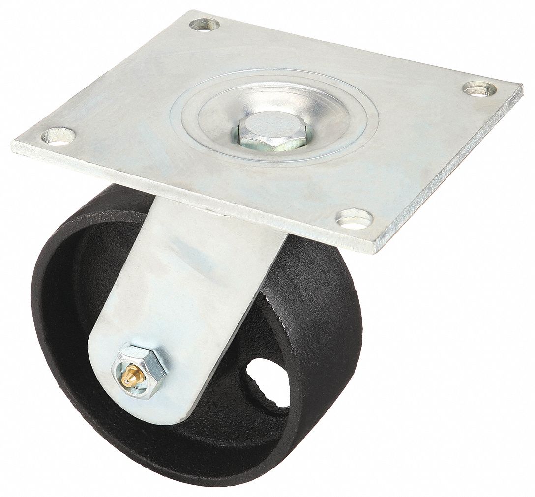 Plate Caster: Swivel, No Brake, Iron, 5 in Wheel Dia, 2 in Wheel Wd, Roller, Swivel