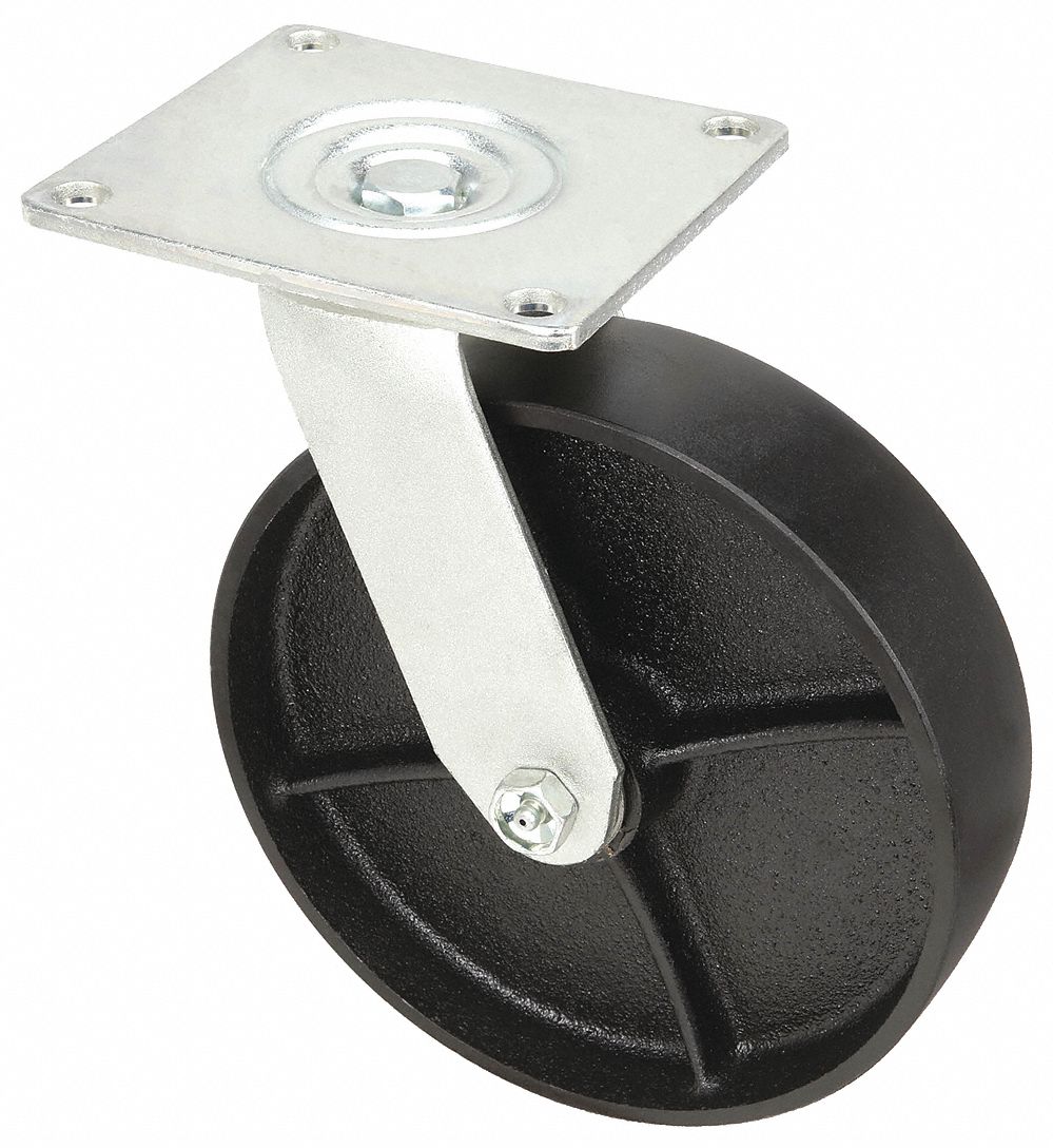 Plate Caster: Swivel, No Brake, Iron, 8 in Wheel Dia, 2 in Wheel Wd, Roller, Swivel