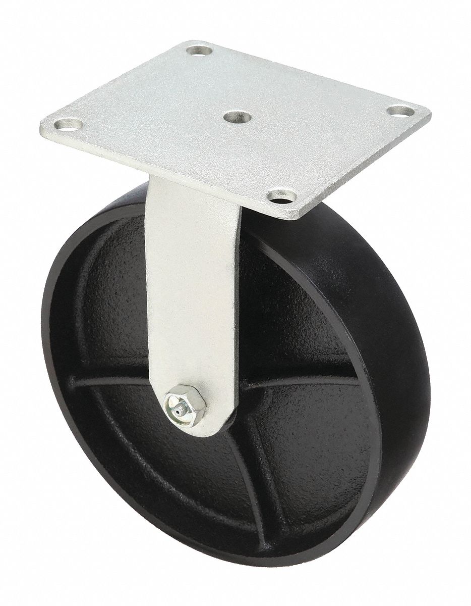 Plate Caster: Rigid, No Brake, Iron, 8 in Wheel Dia, 2 in Wheel Wd, Roller, Rigid