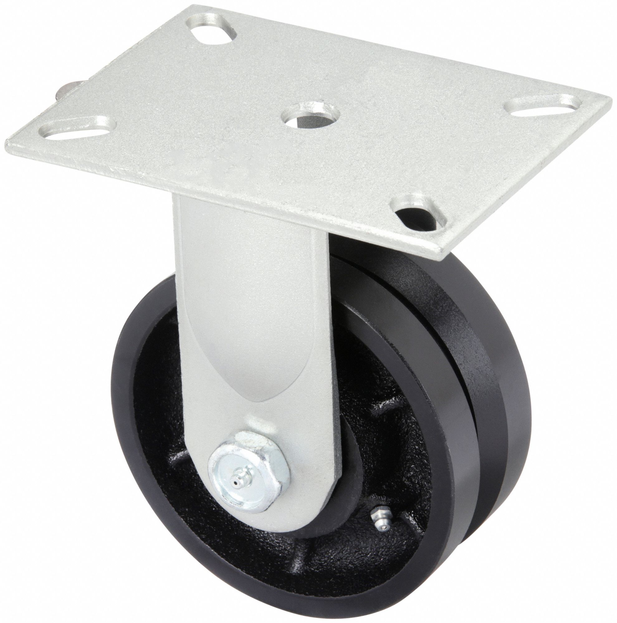 Plate Caster: Rigid, Iron, 6 in Wheel Dia, 2 1/2 in Wheel Wd, 8 in Mounting Ht