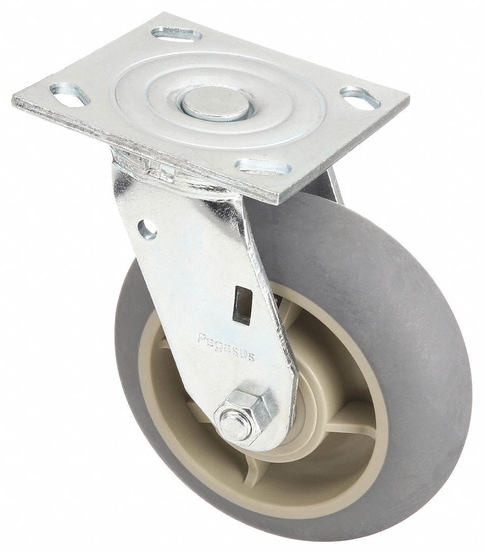 Plate Caster: Swivel, No Brake, Rubber, 6 in Wheel Dia, 2 in Wheel Wd, Slot, Ball