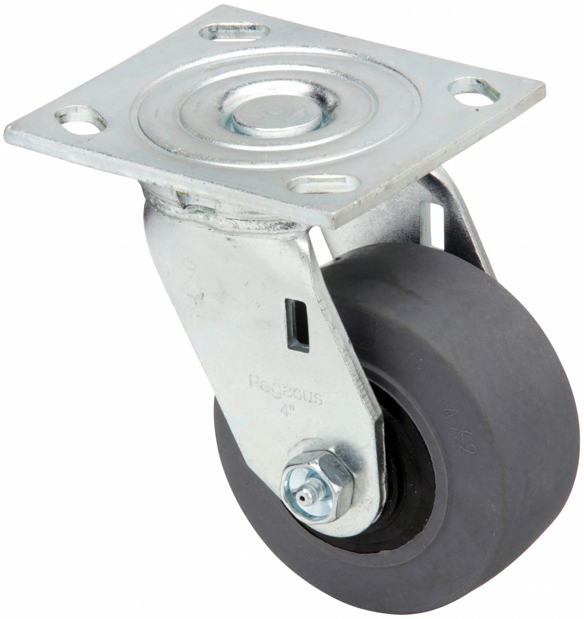 Plate Caster: Swivel, No Brake, Rubber, 4 in Wheel Dia, 2 in Wheel Wd, Slot, Roller