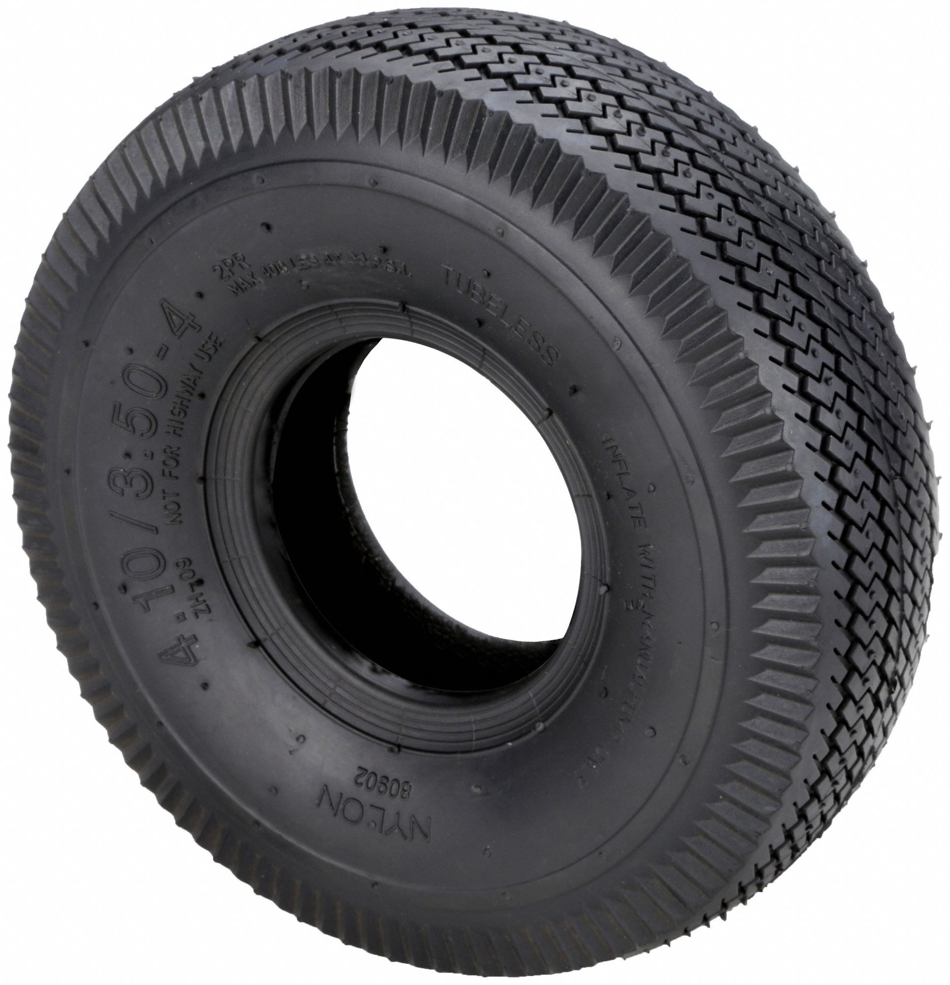 APPROVED VENDOR Replacement Tire: 4.10/3.50-4, 10 in Tire Dia., 3 1/2 in  Tire Wd, Sawtooth, Rubber