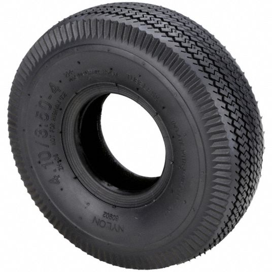 APPROVED VENDOR Replacement Tire: 4.10/3.50-4, 10 in Tire Dia., 3 1/2 in  Tire Wd, Sawtooth, Rubber