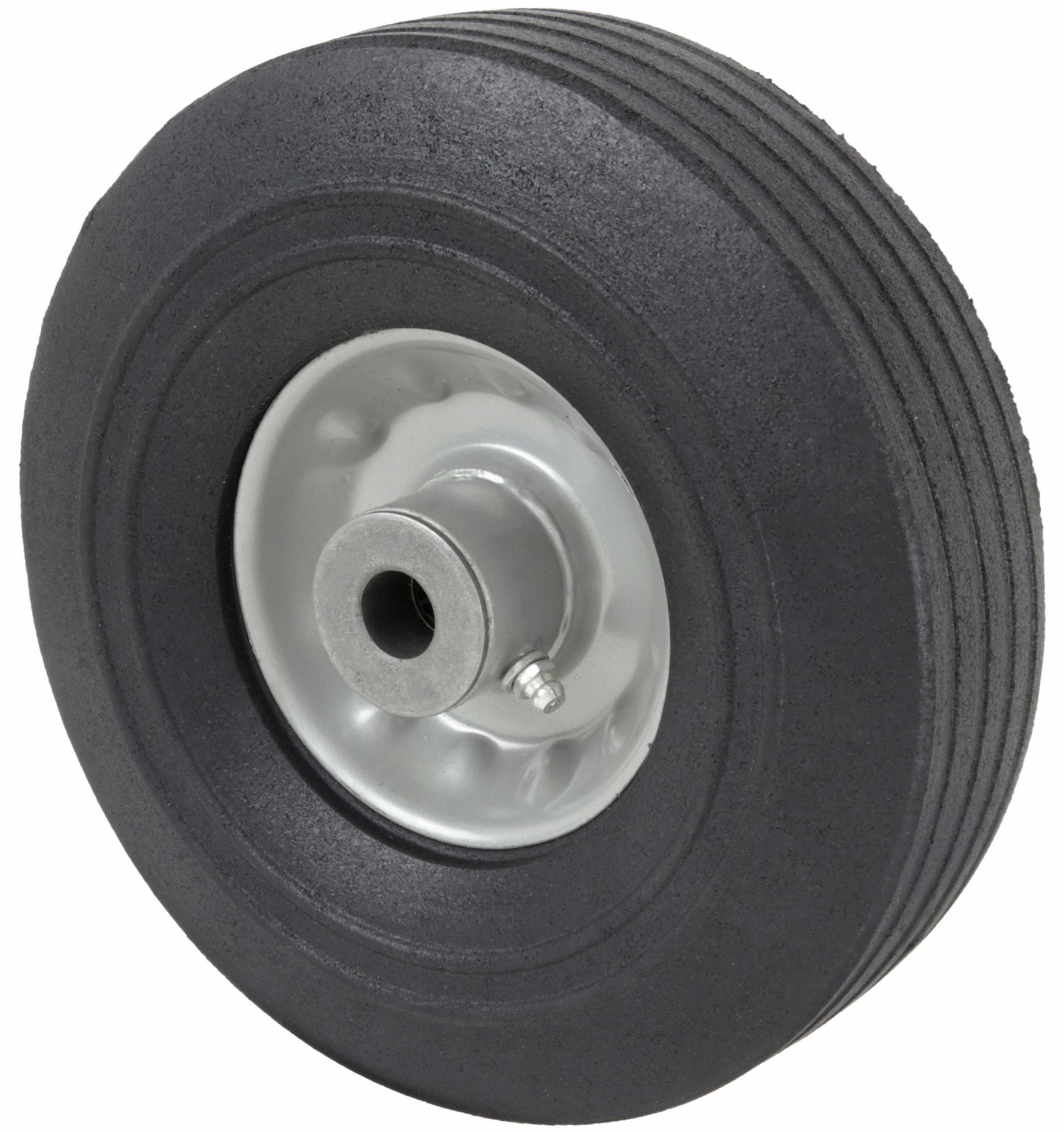FLAT-FREE SOLID RUBBER WHEEL, 8 IN WHEEL DIA, 4 IN WHEEL W, 350 LB, STEEL, RIBBED