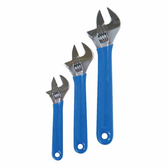 WESTWARD Adjustable Wrench Set: Alloy Steel, Chrome, 3/4 in_1 in_1 1/8 in  Jaw Capacity