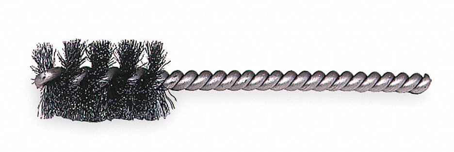 Round Tube Brush: Single Stem, Carbon Steel, 1 1/8 in Dia, 0.008 in Fill Dia, 1/4 in Stem Dia