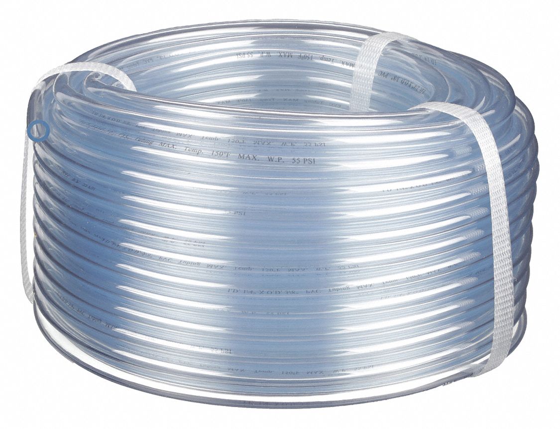 TUBING: PVC, CLEAR, ⅜ IN INSIDE DIAMETER, ½ IN OUTSIDE DIA, 100 FT L, SHORE A 73