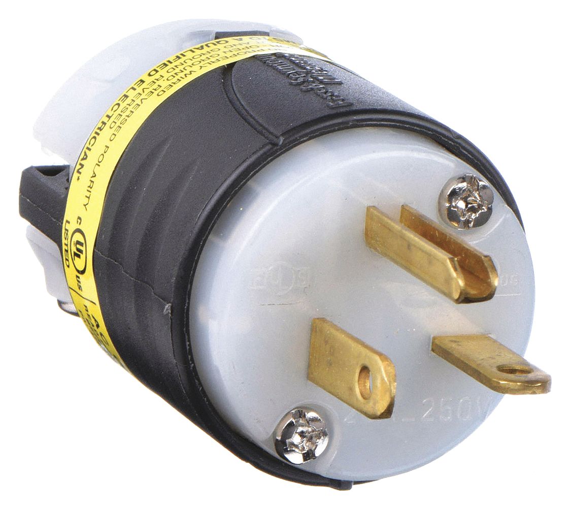 Ground Continuity Monitoring Straight Blade Plug: 6-20P, 20 A, 250V AC, 2 Poles, Black/White