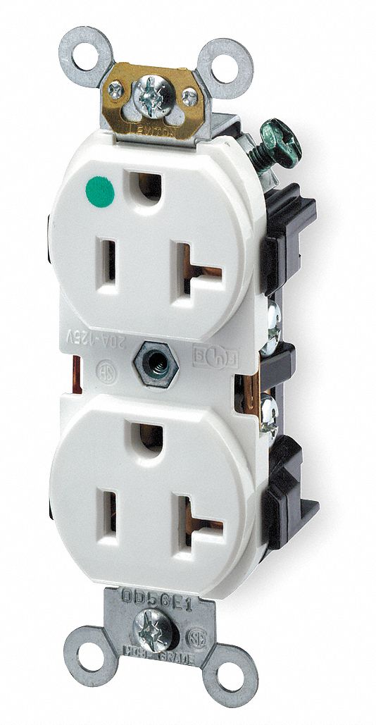 Receptacle: Duplex, 5-20R, 20 A, 125V AC, White, 2 Pole / 3 Wire Poles & Wires, Gen Purpose