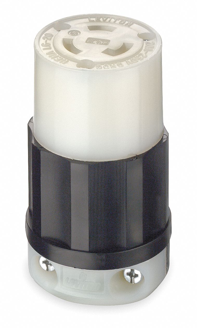 Locking Connector: L6-20R, 20 A, 250V AC, 2 Poles, Black/White, Screw Terminals