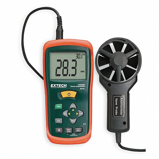 Anemometer: Rotating Vane and Thermistor, 1,999 Count LCD, 80 to 5,900 fpm, ±3% Accuracy