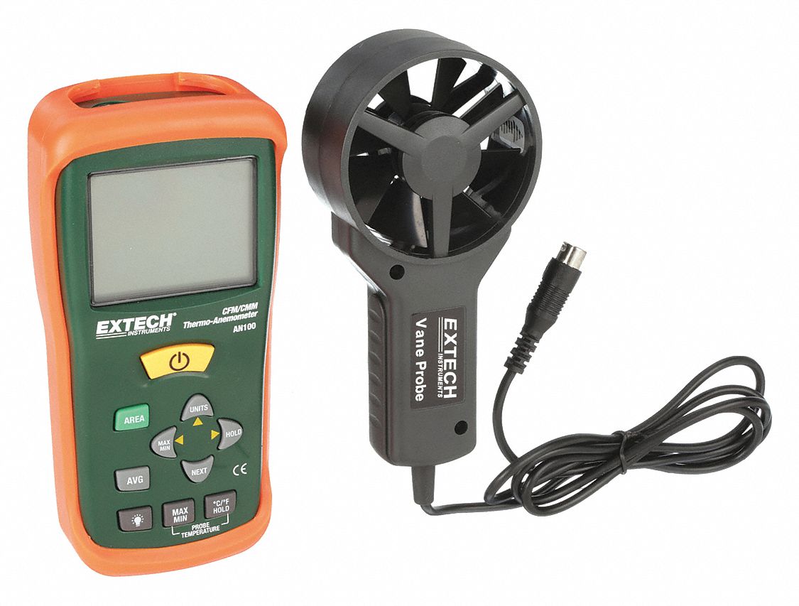 EXTECH Anemometer: Rotating Vane and Thermistor, 1,999 Count LCD, 80 to  5,900 fpm, ±3% Accuracy