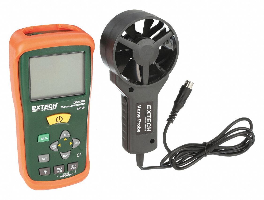 EXTECH Anemometer: 1 fpm Air Velocity Resolution, CFM, Rotating Vane, Air Velocity/Temp, AN100, LCD