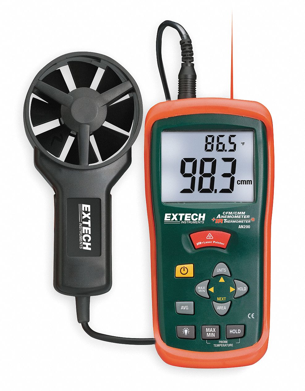 EXTECH Anemometer: 1 fpm Air Velocity Resolution, CFM, Rotating Vane, Air Flow/Air Velocity/Temp