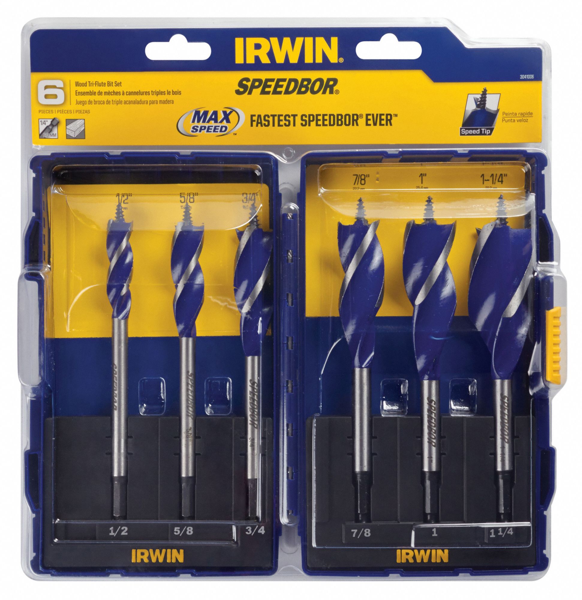 IRWIN 6PC. Auger Wood Drilling Bit Set, 5/8 in, 3/4 in, 1 in X 6 in