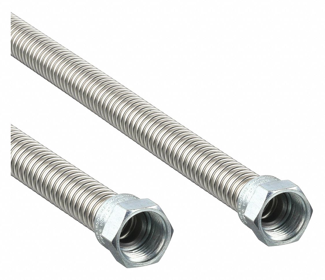 Gas Connector: 3/8 in Hose Inside Dia., 18 in Hose Lg, 93, 100 BTU Capacity, Silver, FNPT x FNPT