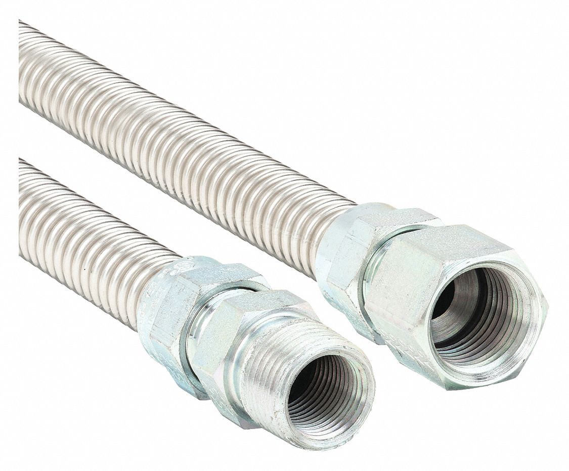 Gas Connector: 3/8 in Hose Inside Dia., 24 in Hose Lg, 85, 000 BTU Capacity, Silver, FNPT x FNPT