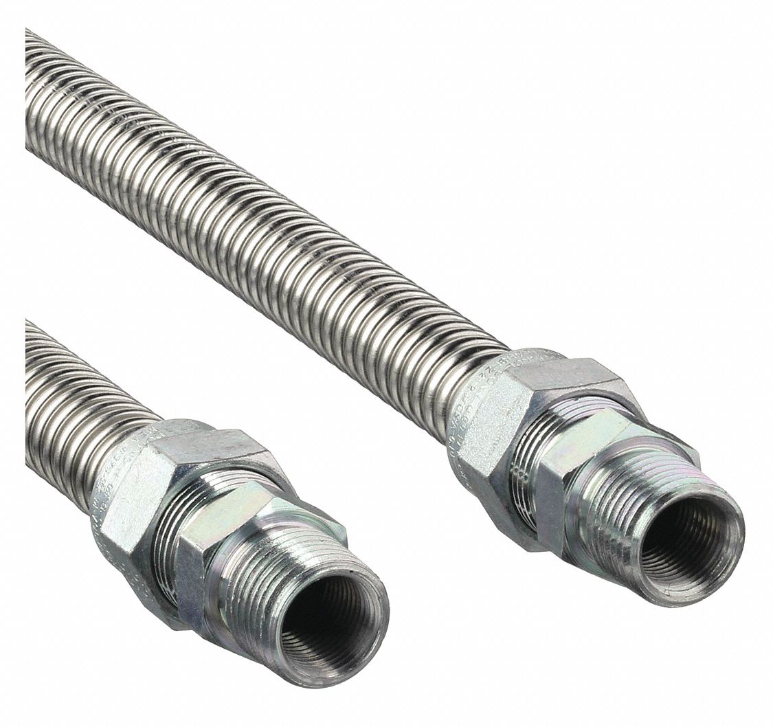 Gas Connector: 1/2 in Hose Inside Dia., 36 in Hose Lg, 125, 000 BTU Capacity, Silver, FNPT x FNPT