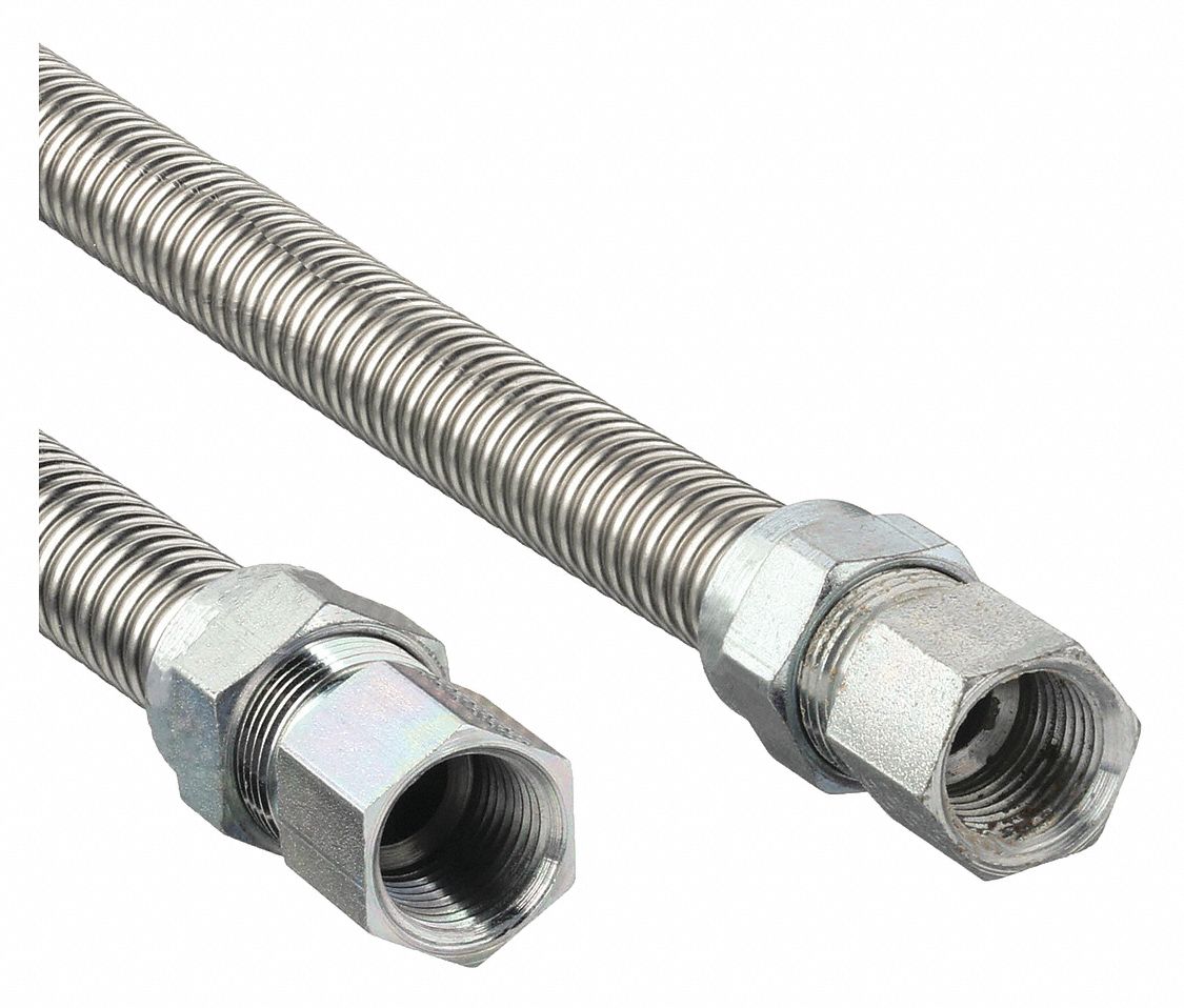 Gas Connector: 1/2 in Hose Inside Dia., 24 in Hose Lg, 150, 000 BTU Capacity, Silver, FNPT x FNPT