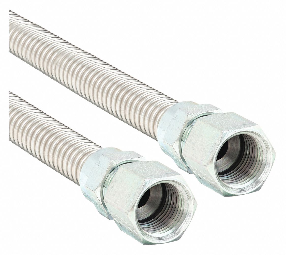 Gas Connector: 1/2 in Hose Inside Dia., 36 in Hose Lg, 125, 000 BTU Capacity, Silver, FNPT x FNPT