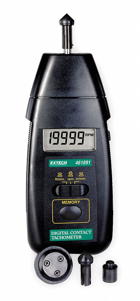 EXTECH Tachometer: Contact 0.5 to 20,000, 0.20 to 6560 fpm, Min/Max, 5  Digit LCD