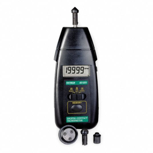 EXTECH Tachometer: Contact 0.5 to 20,000, 0.20 to 6560 fpm, Min/Max, 5  Digit LCD