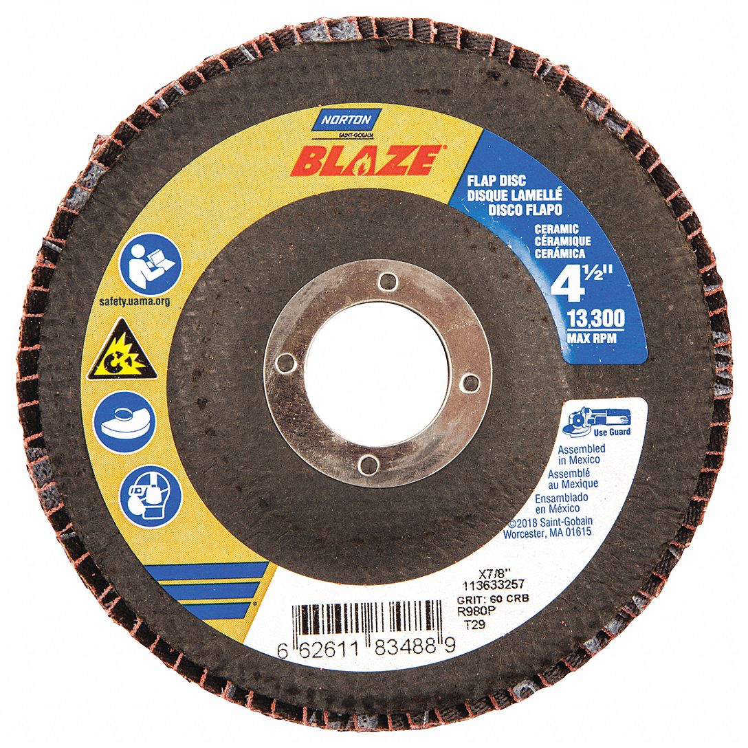 Flap Disc: Type 29, 4-1/2" x 7/8", Ceramic, 60 Grit, Fiberglass Bk, Std Density, Blaze R980P