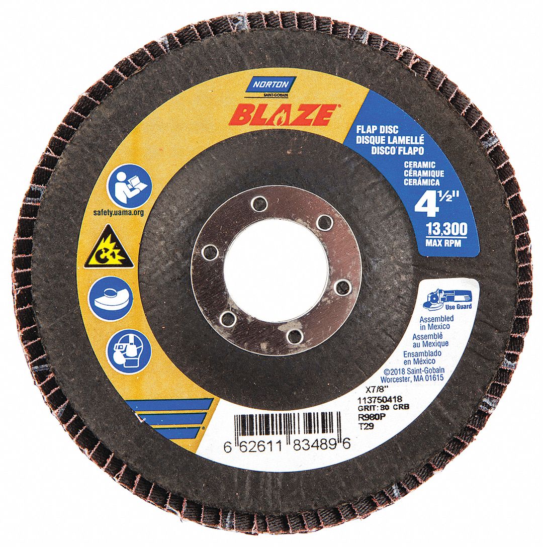 Flap Disc: Type 29, 4-1/2" x 7/8", Ceramic, 80 Grit, Fiberglass Bk, Std Density, Blaze R980P
