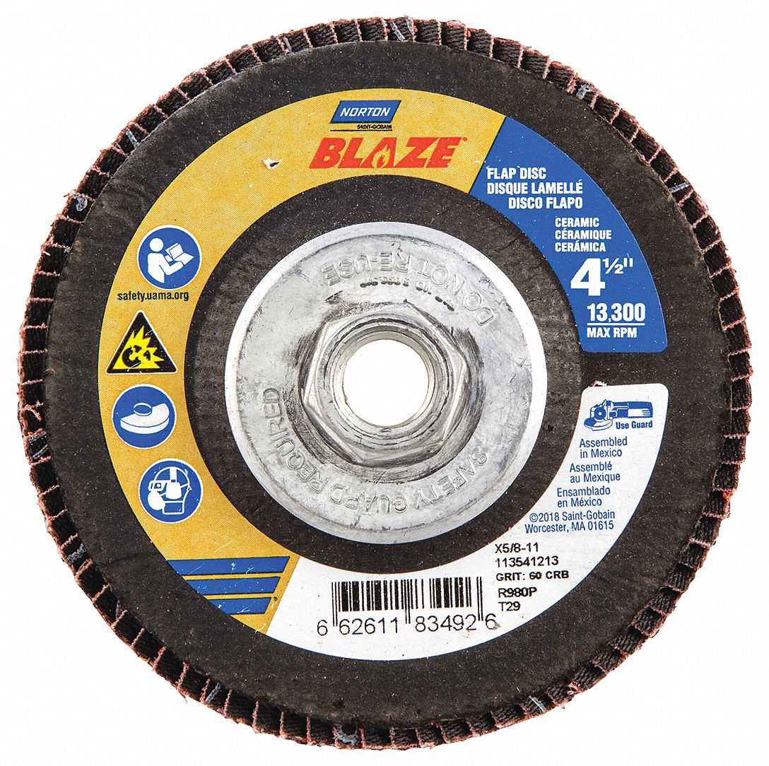 Flap Disc: Type 29, 4-1/2" x 5/8"-11, Ceramic, 60 Grit, Fiberglass Bk, Std Density