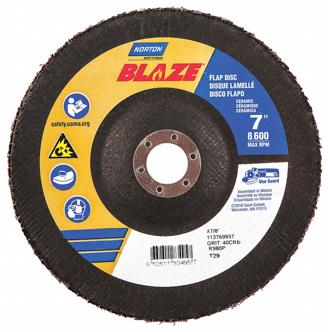 Flap Disc: Type 29, 7" x 7/8", Ceramic, 40 Grit, Fiberglass Bk, Std Density, Blaze R980P