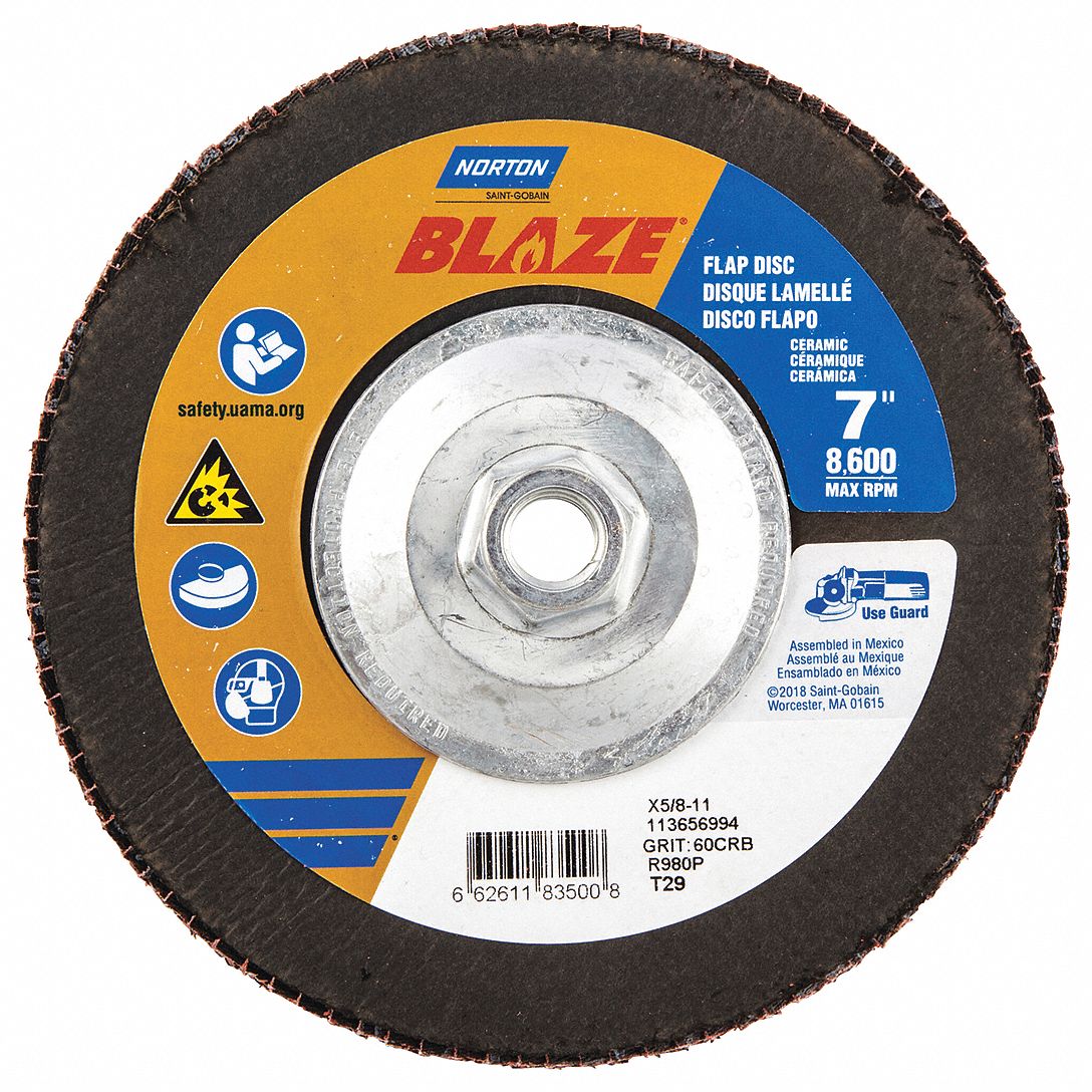 Flap Disc: Type 29, 7" x 5/8"-11, Ceramic, 60 Grit, Fiberglass Bk, Std Density, Blaze R980P
