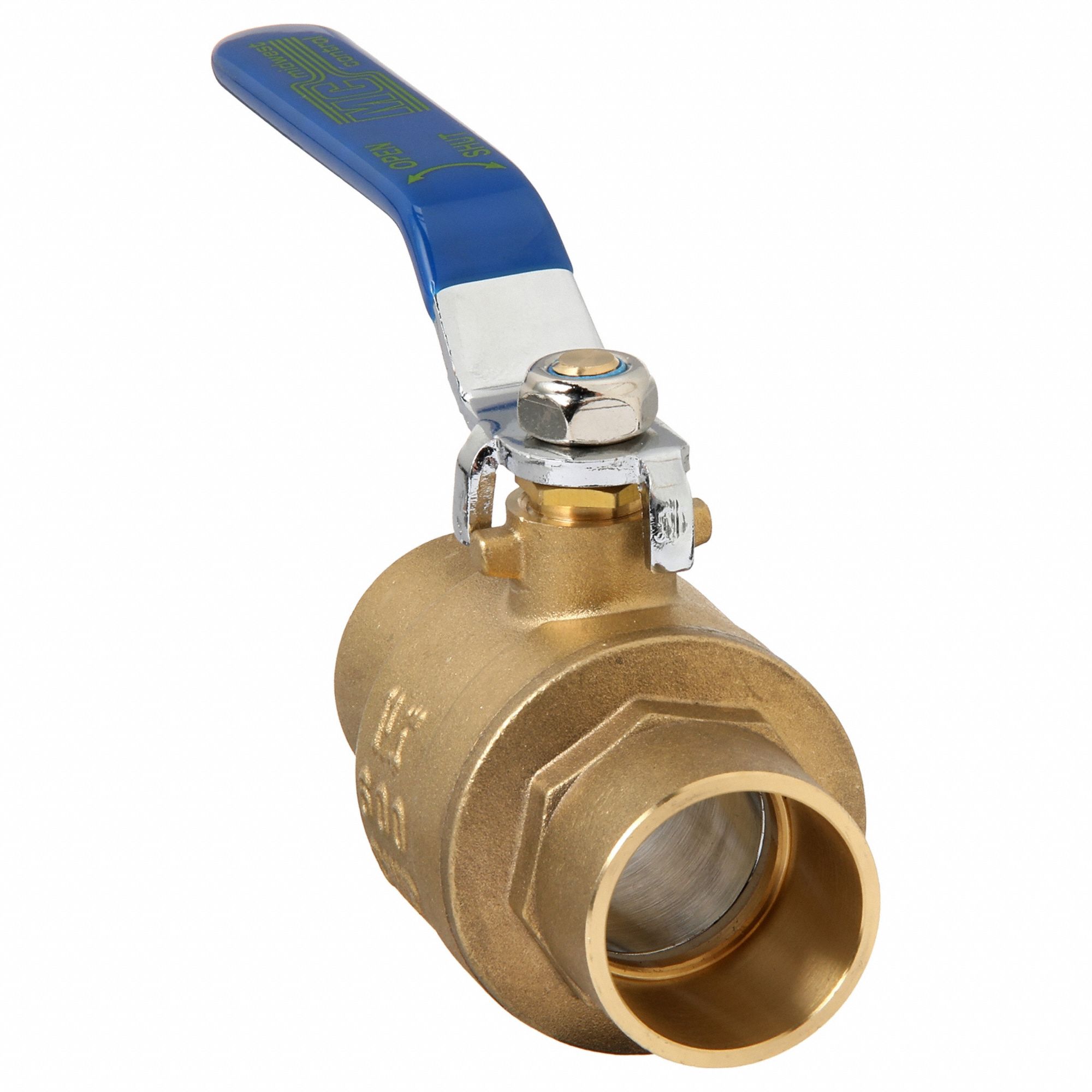 Manual Two-Way Ball Valve: 1 1/4 in, Brass, Straight, Sweat x Sweat, Two-Piece, Blue