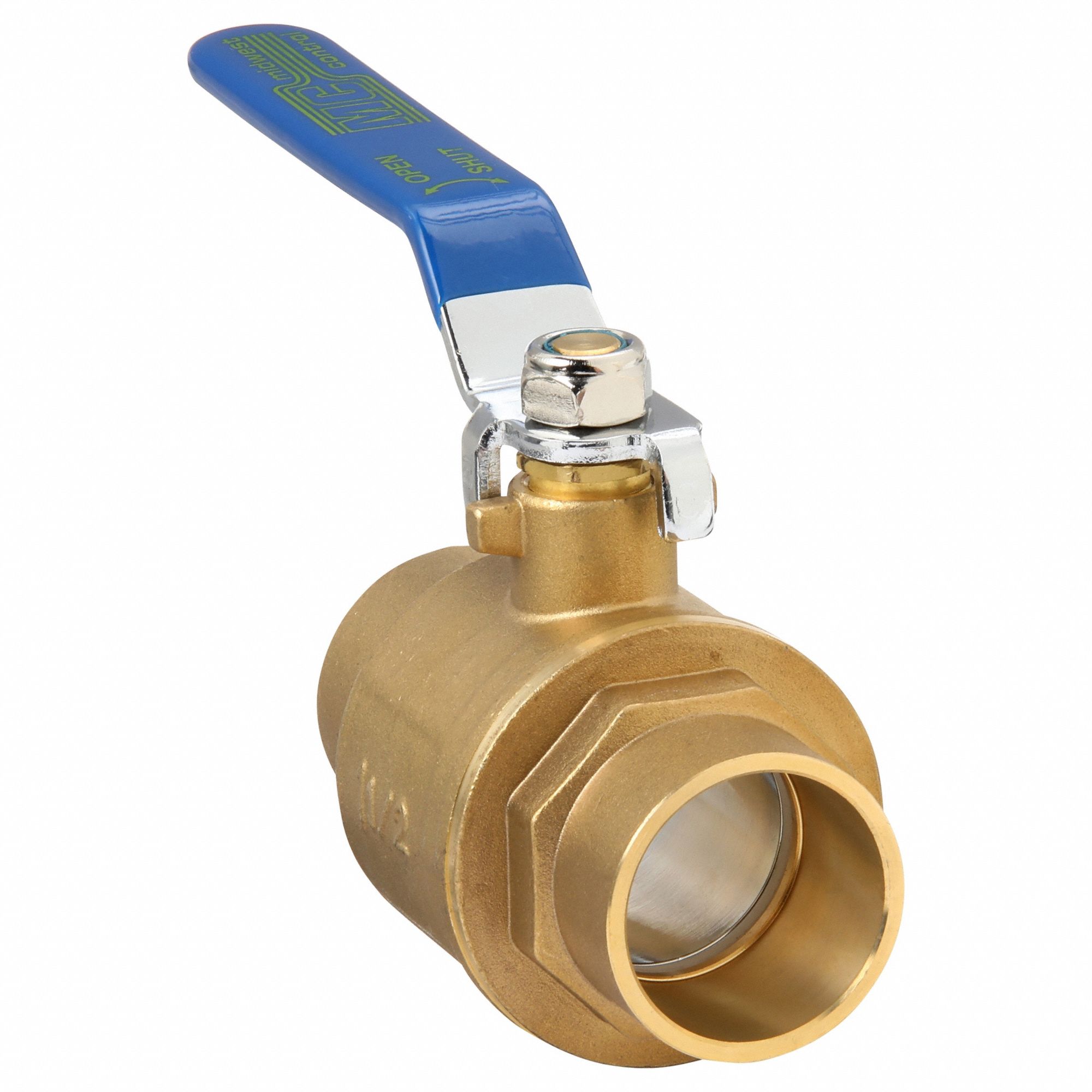 Manual Two-Way Ball Valve: 1 1/2 in, Brass, Straight, Sweat x Sweat, Two-Piece, Blue
