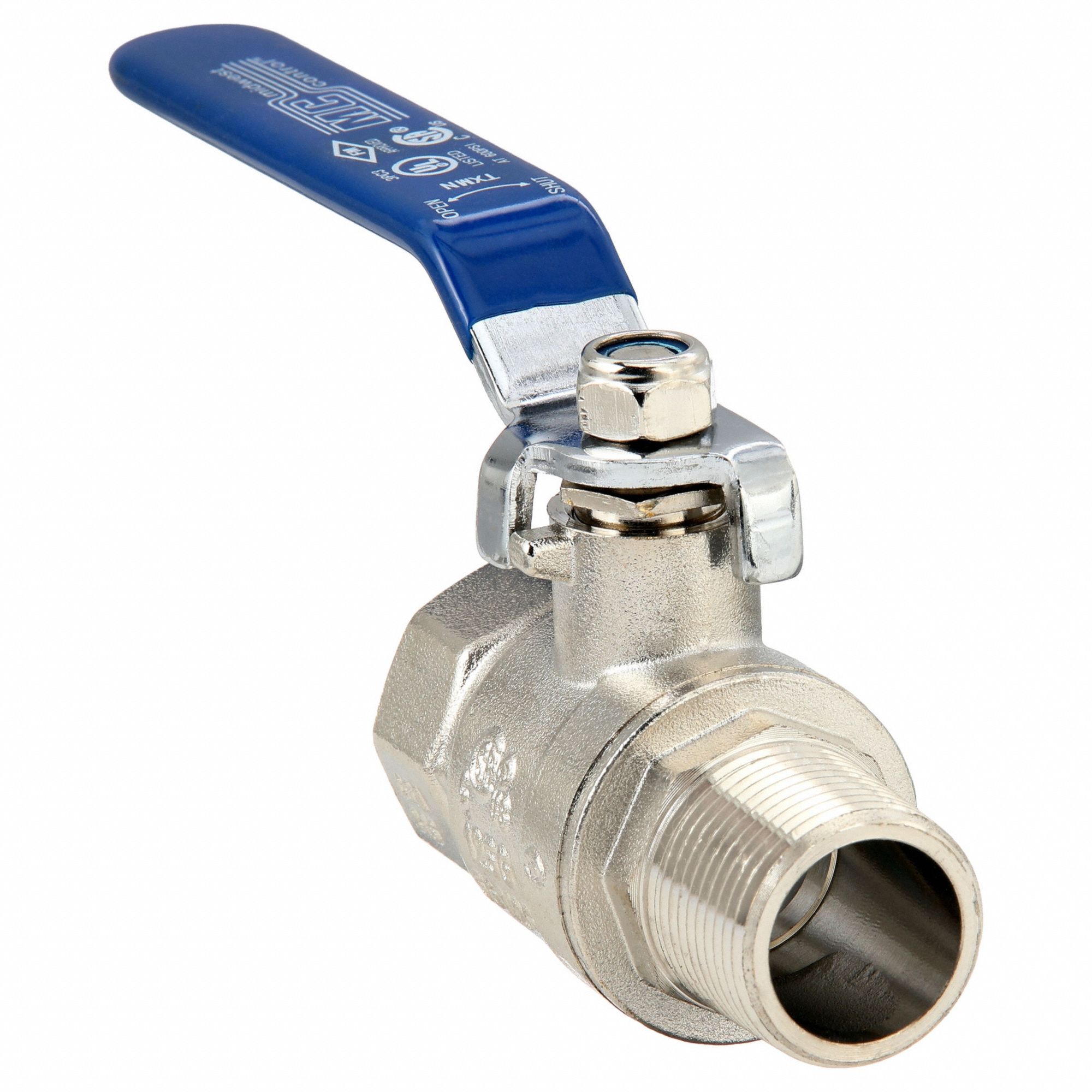 Manual Two-Way Ball Valve: 3/4 in, Nickel-Plated Brass, Straight, MNPT x FNPT, Lever