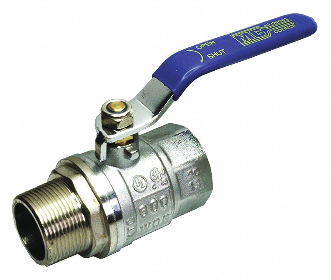 Manual Two-Way Ball Valve: 1 1/2 in, Nickel-Plated Brass, Straight, MNPT x FNPT, FKM