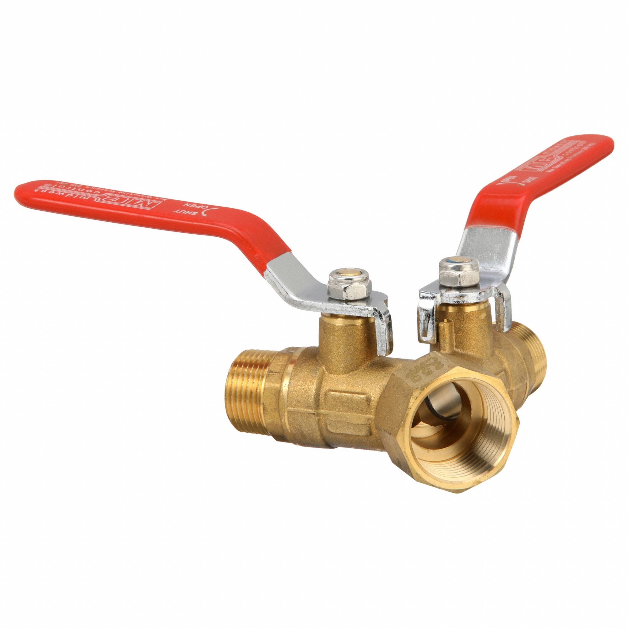 Manual Three-Way Ball Valve: 1 in, Brass, FNPT x MNPT x MNPT, Std Port Ball Port