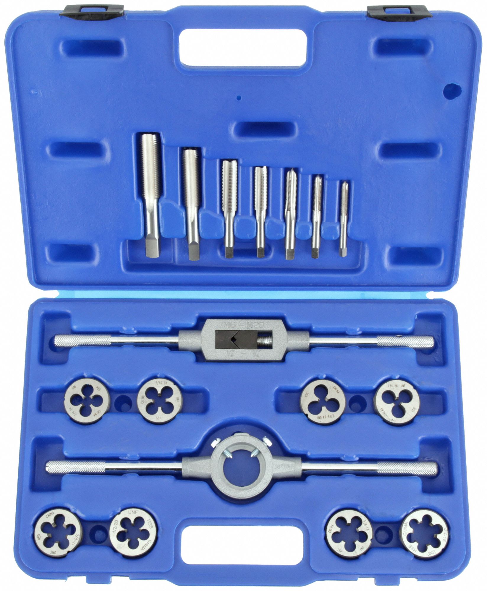 TAP & DIE SET, 16 PIECES, ¼"-28 MIN. TAP THREAD, ¾""-16 MAX TAP THREAD, HSS