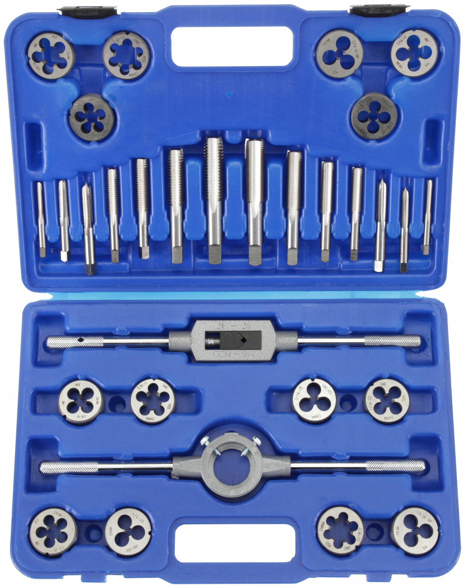 TAP & DIE SET, 30 PIECES, ¼"-20 MIN. TAP THREAD, ¾"-16 MAX TAP THREAD