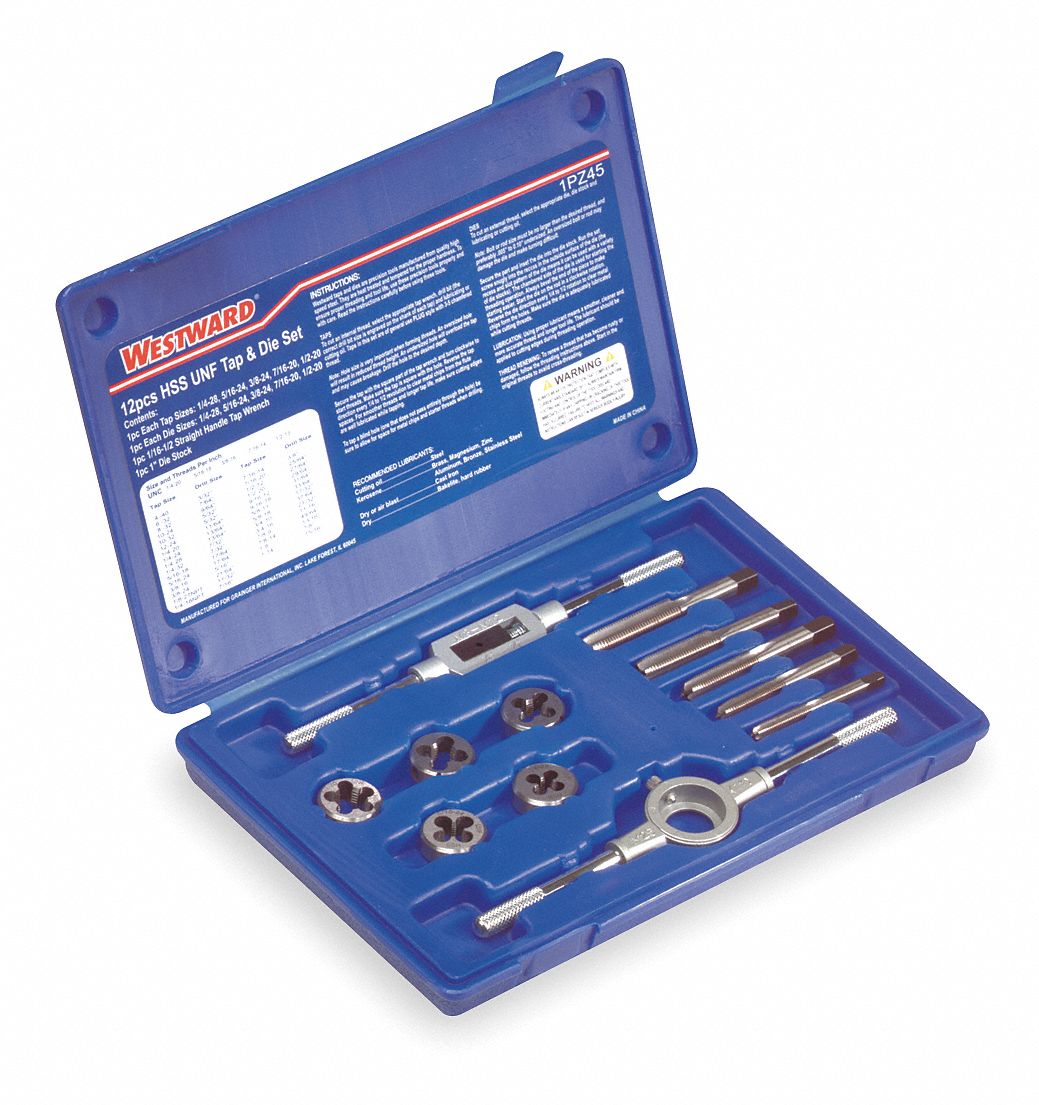 WESTWARD Tap and Die Set 12 Pieces, 1/4"28 Min. Tap Thread Size, 1/2