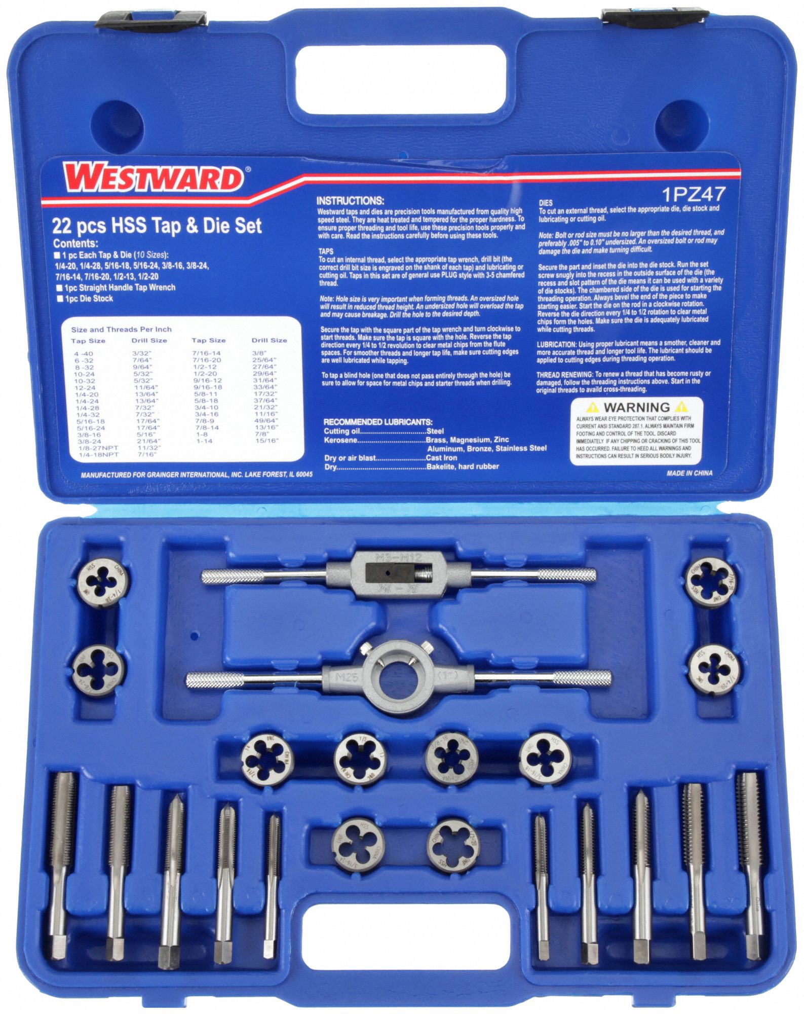 TAP & DIE SET, 22 PIECES, ¼"-20 MIN. TAP THREAD, ½"-20 MAX TAP THREAD