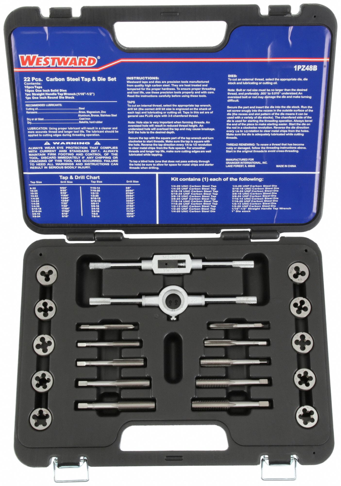 TAP & DIE SET, 22-PC, ¼"-20 MIN. TAP THREAD, ½"-20 MAX TAP THREAD, 2A